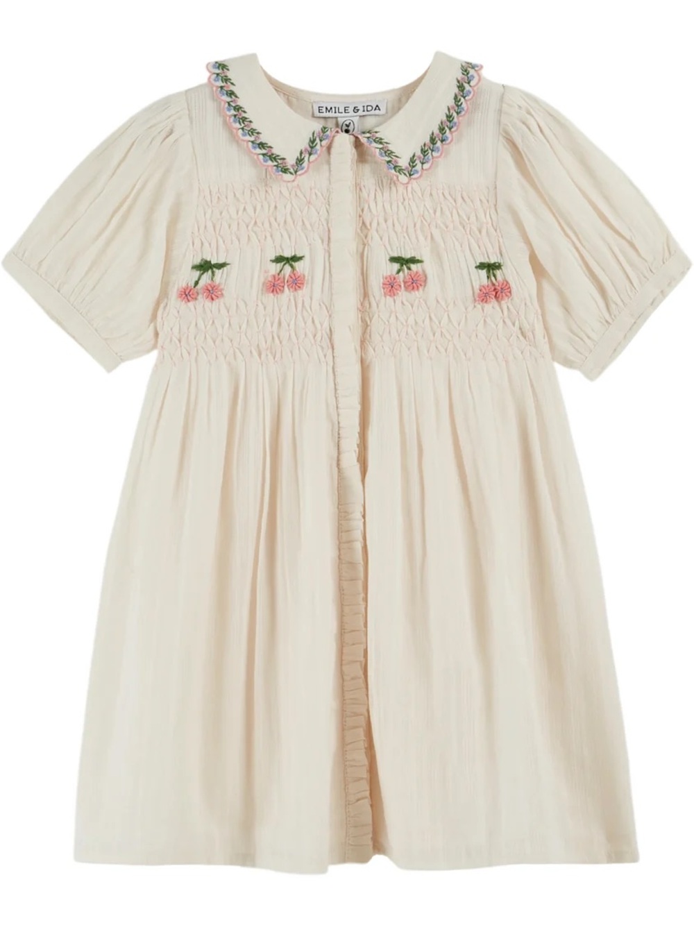 Emile et ida Cream Smocked Kids Dress with Pink Cherry Embroidery